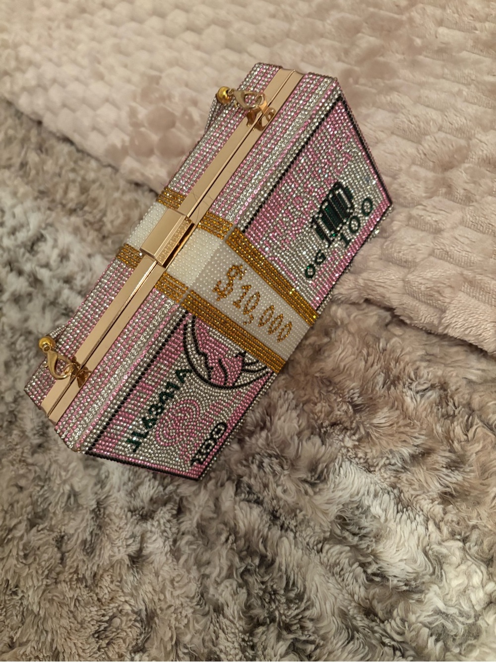 Amazon Pink Crystal Money Stack Clutch with Gold Accents